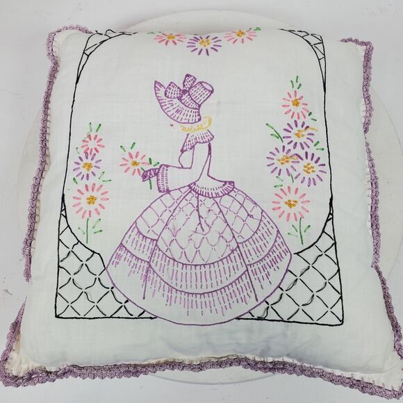 Vintage Hand Crafted Embroidery Lavender Girl Throw Pillow 12x13 Inch - Picture 3 of 4